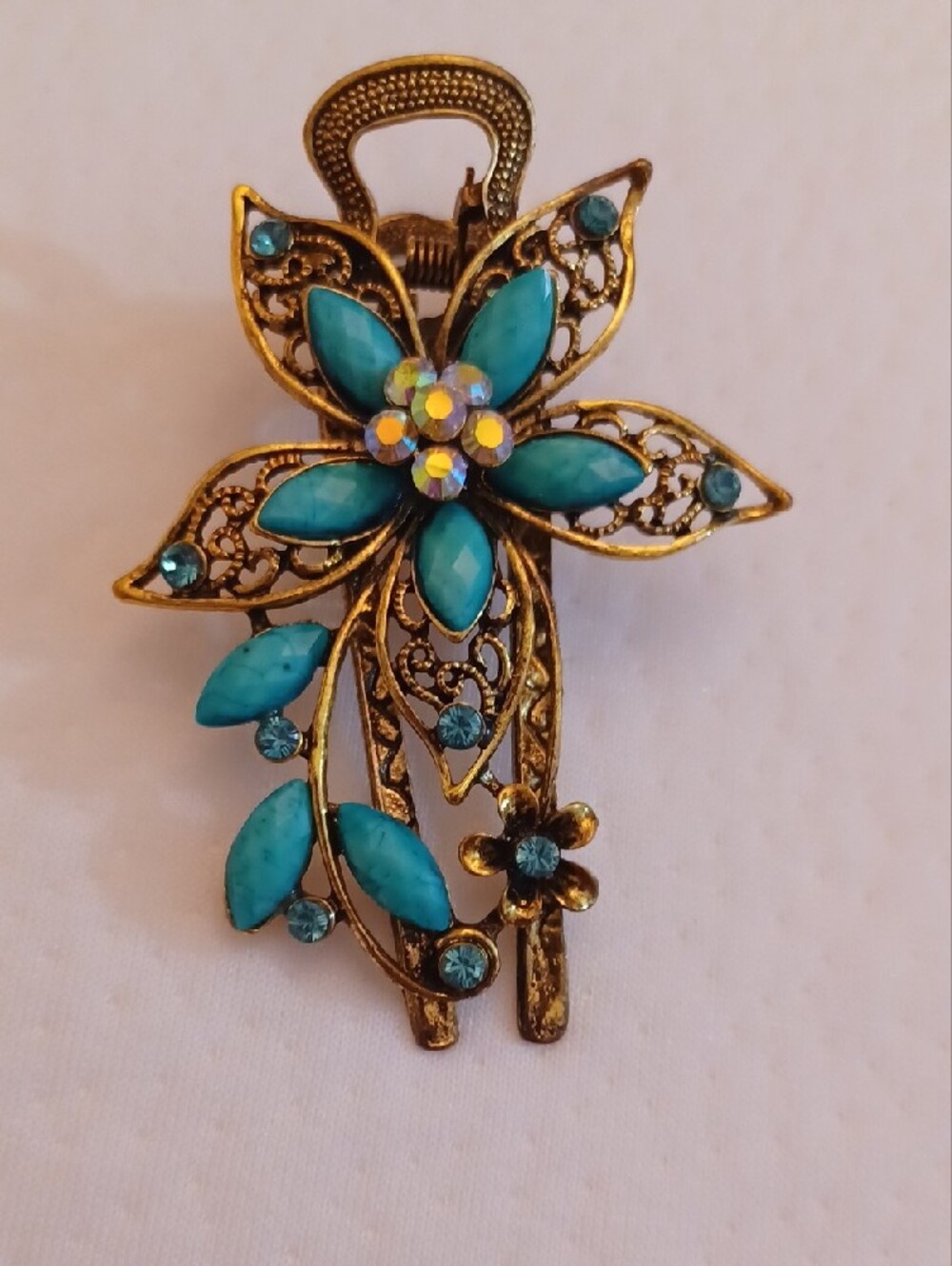 Gold-Tone Floral Hair Clip with Turquoise Stones - Picture 4 of 8
